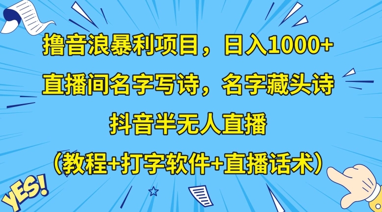 【10005】撸音浪暴利项目，日入1000+，直播间名字写诗，名字藏头诗，抖音半无人直播（教程+打字软件+直播话术）【揭秘】