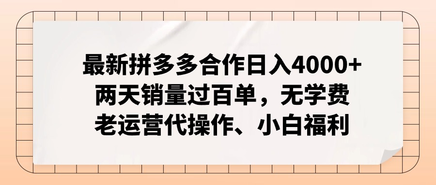 【13346】最新拼多多合作日入4000+两天销量过百单，无学费、老运营代操作、小白福利