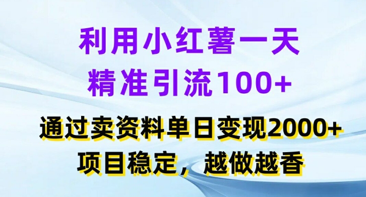 【13883】利用小红书一天精准引流100+，通过卖项目单日变现2k+，项目稳定，越做越香【揭秘】
