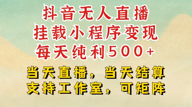 【15799】抖音无人直播挂载小程序变现每天纯利500+当天直播，当天结算支持工作室，可矩阵【揭秘】