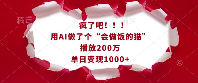 【16154】疯了吧！用AI做了个“会做饭的猫”，播放200万，单日变现1k