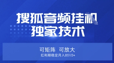 【17184】【搜狐音频挂G】独家技术，可矩阵可放大，红利期稳定月入8k【揭秘】