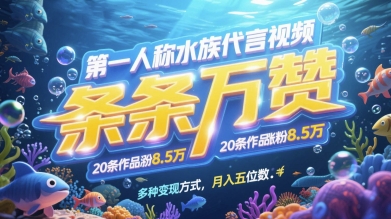 【17886】第一人称水族代言视频，条条万赞，20条作品涨粉7.8W，多种变现方式月入五位数
