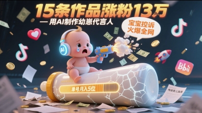 【18212】用AI制作幼崽代言人，宝宝的控诉火爆全网，15条作品涨粉13W，单号月入5位数实操教程