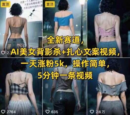 【18544】全新赛道，AI美女背影杀+扎心文案视频，一天涨粉5k，操作简单，5分钟一条视频