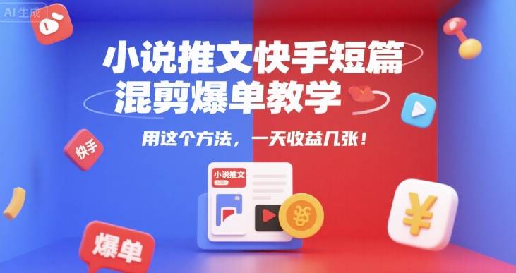 【18646】小说推文快手短篇混剪爆单教学，用这个方法，一天收益几张