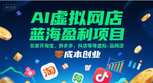 【18929】AI虚拟网店蓝海盈利项目，在家开淘宝、拼多多、抖店等虚拟品网店，零成本创业