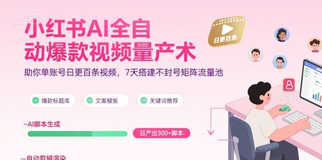 【19010】小红书AI全自动爆款视频量产术，助你单账号日更百条视频，7天搭建不封号矩阵流量池