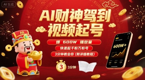 【19242】AI财神驾到视频起号，爆600W播放量，快速起千粉万粉号，3分钟教会你(附详细教程)