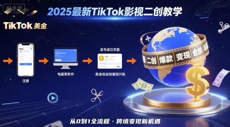 【19420】猫哥TK2025年最新TikTok影视二创教学，从注册到发布撸美金全流程，跨境变现新机遇