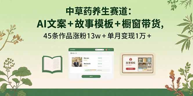 【19526】中草药养生赛道：AI文案+故事模板+橱带货，45条作品涨粉13w+单月变现1万+