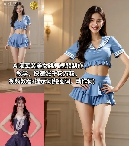 【19620】AI海军装美女跳舞视频制作教学，快速涨千粉万粉，视频教程+提示词(绘图词、动作词)