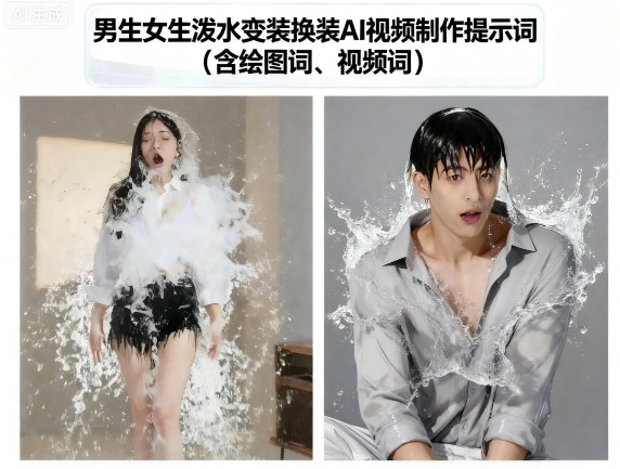 【19638】男生女生泼水变装换装AI视频制作提示词(含绘图词、视频词)