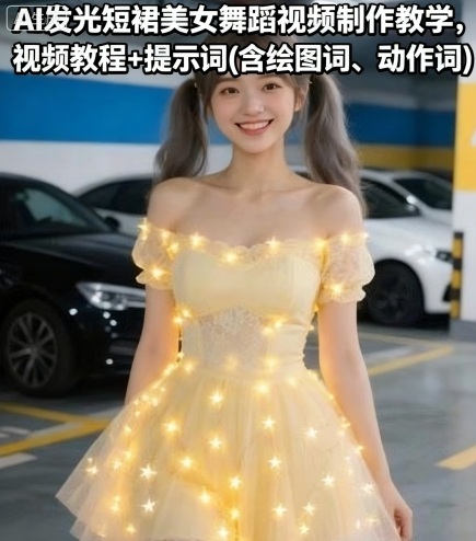 【19659】AI发光短裙美女舞蹈视频制作教学，视频教程+提示词(含绘图词、动作词)