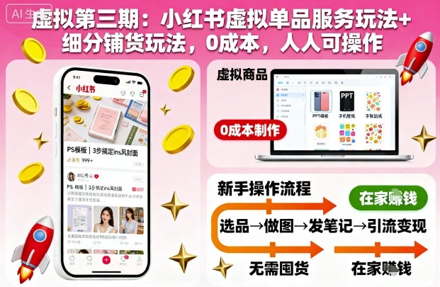 【20129】虚拟第三期：小红书虚拟单品服务玩法+细分铺货玩法，0成本，人人可操作