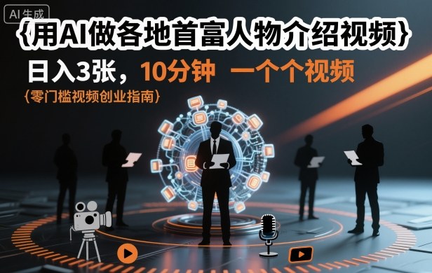 【20225】用AI做各地首富人物介绍视频，日入3张，10分钟一个视频