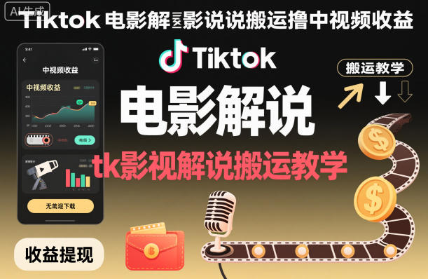 【20412】Tiktok电影解说搬运撸中视频收益，tk影视解说搬运教学