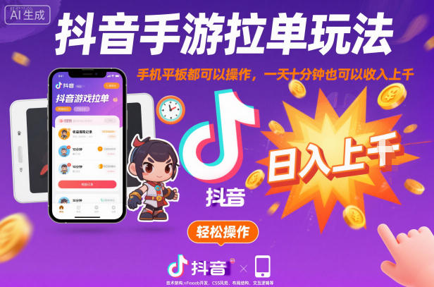 【20421】抖音手游拉单玩法，手机平板都可以操作，一天十分钟也可以收入上K【揭秘】