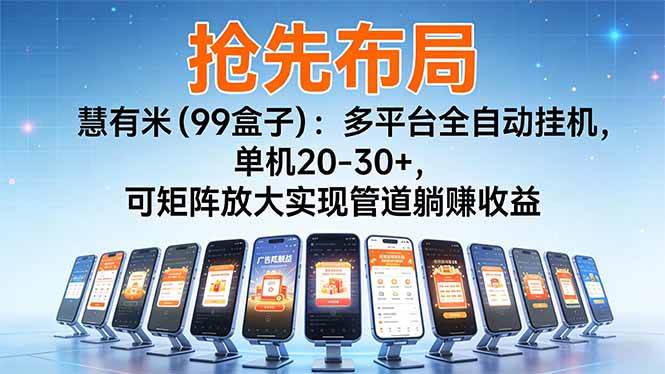 【20706】【抢先布局】慧有米（99盒子）：多平台全自动挂机，单机20-30+，可矩阵放大实现管道躺赚收益