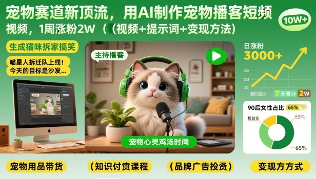 【21008】宠物赛道新顶流，用AI制作宠物播客短视频，1周涨粉2W（视频+提示词+变现方法）