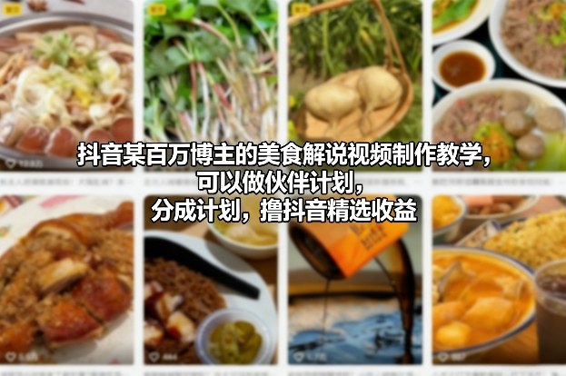 【21093】抖音百万博主中国原产地风味的美食解说视频制作教学，可以做伙伴计划，分成计划，撸抖音精选收益