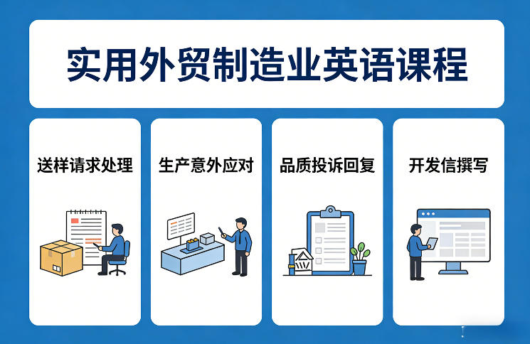 【21408】MR曹实用外贸制造业英语课程，教你专业处理送样请求、应对生产意外、回复品质投诉、撰写开发信等