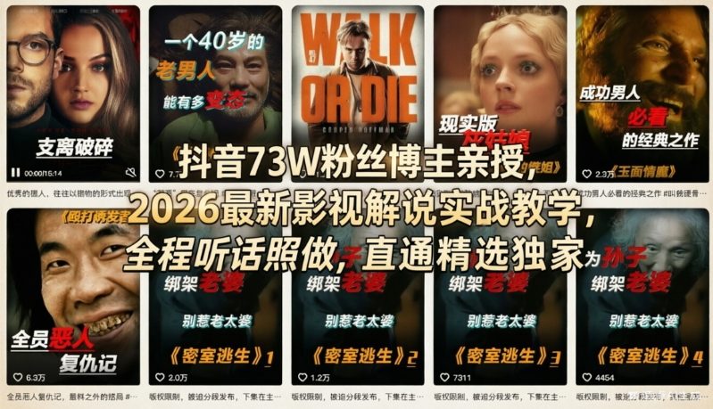 【21427】硬骨头抖音73W粉丝博主亲授，2026最新影视解说实战教学，全程听话照做，直通精选独家